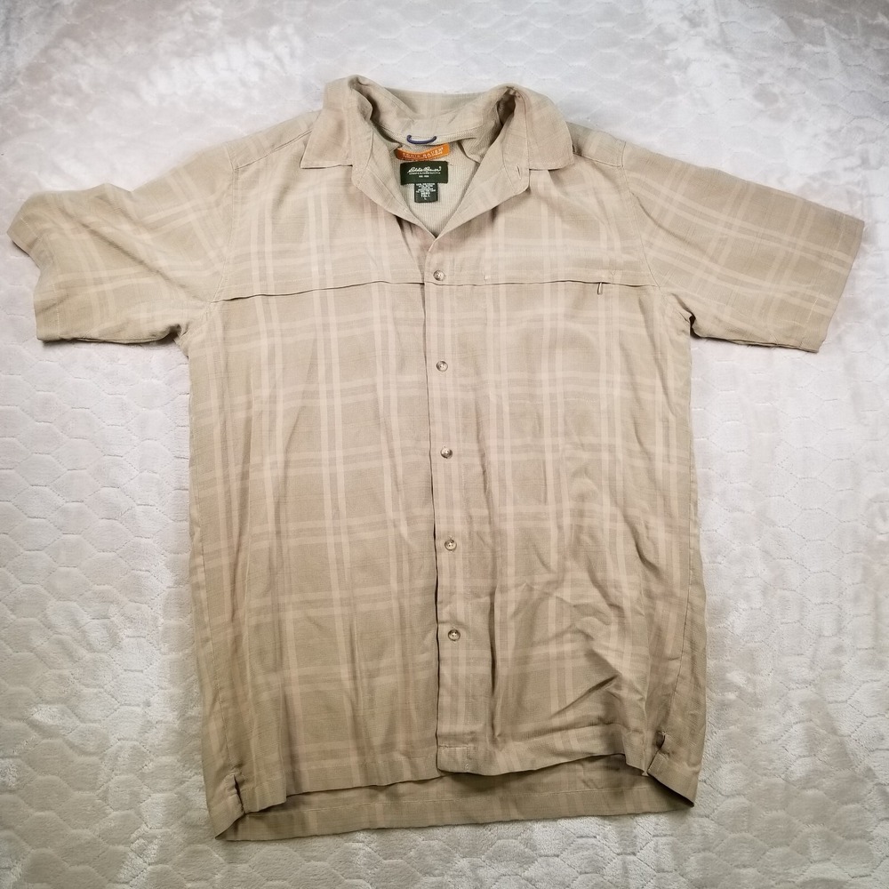 Eddie Bauer Mens Shirt LT Khaki Plaid Button Up Performance Systems Short Sleeve